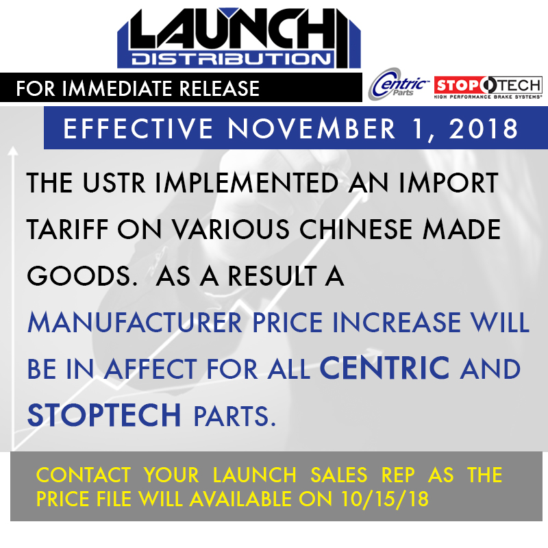 MFG PRICE INCREASE: Centric Parts and Stoptech Brakes